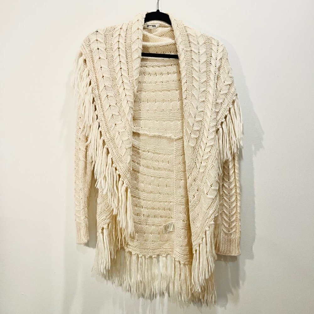 Anthropologie BB Dakota Karli Fringe Cream Long Cable Knit Wool Shawl Cardigan - Picture 5 of 16
